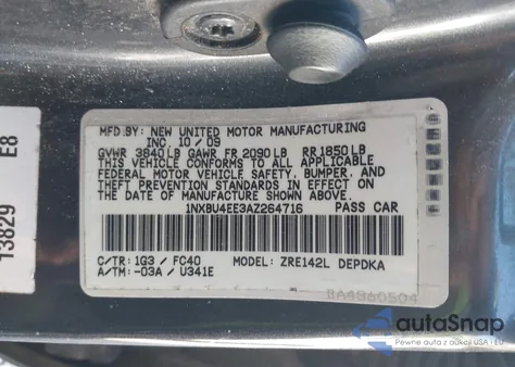 2010 Toyota Corolla Le z USA, uszkodzony, nr VIN 1NXBU4EE3AZ264716